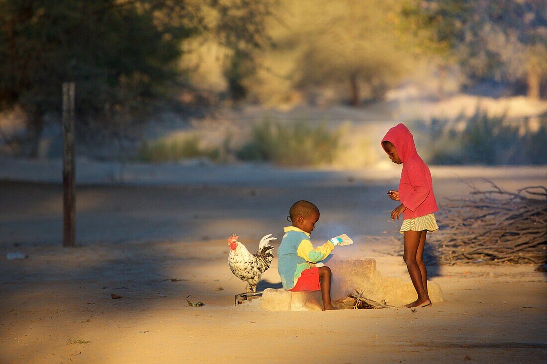 Herero children and a cock at a fireplace, Sesfontain, Namibia