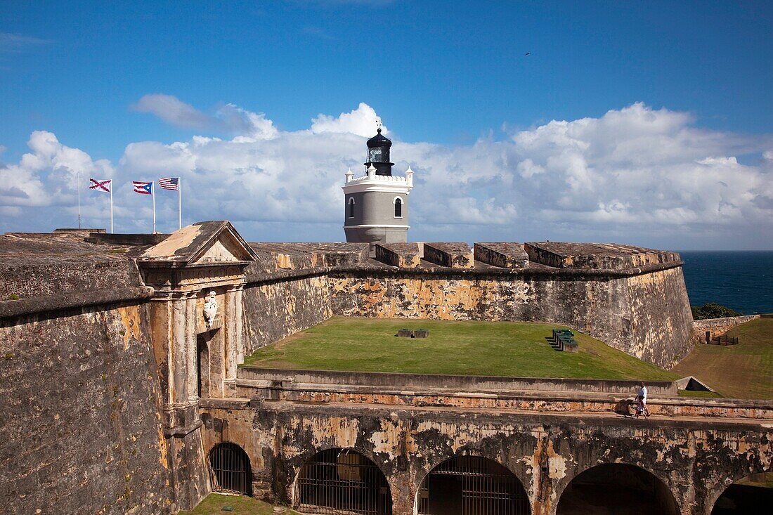 Puerto Rico, San Juan, Old San Juan, El Morro Fortress, front entrance and lighthouse.