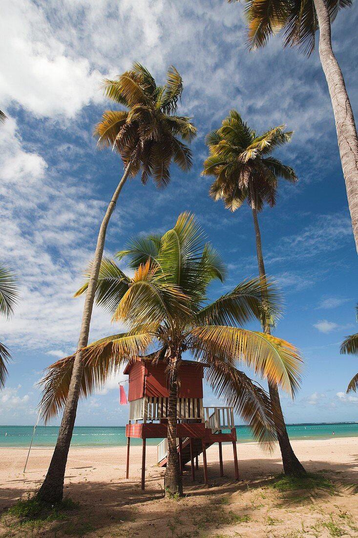 Puerto Rico, East Coast, Luquillo, Playa Luquillo Beach, life guard tower.
