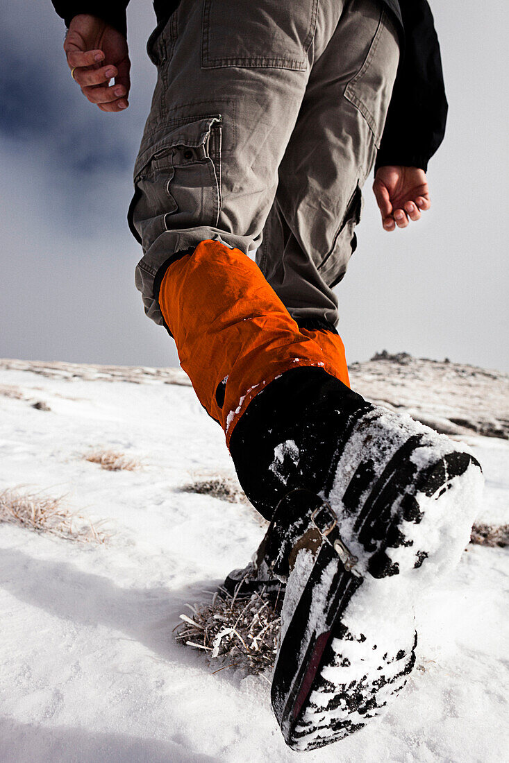 Hiker walking in snow, ascend to Unnutz Mountain (2078 m), Rofan Mountains, Tyrol, Austria