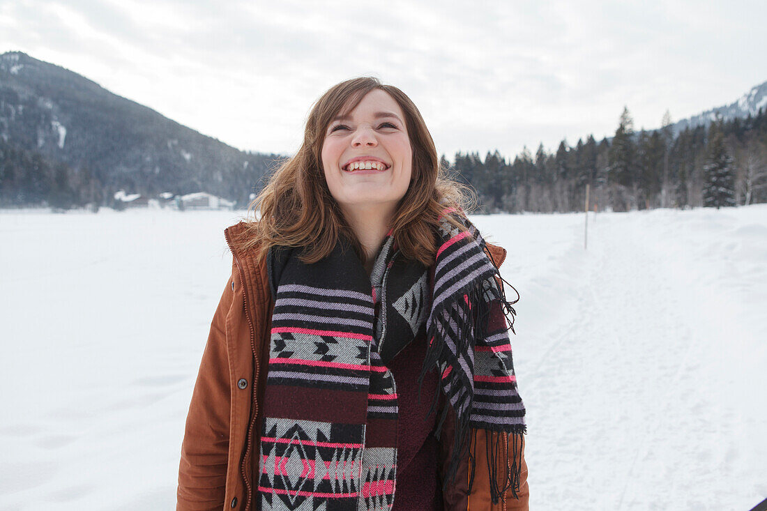 Laughing young woman, Spitzingsee, Upper Bavaria, Germany