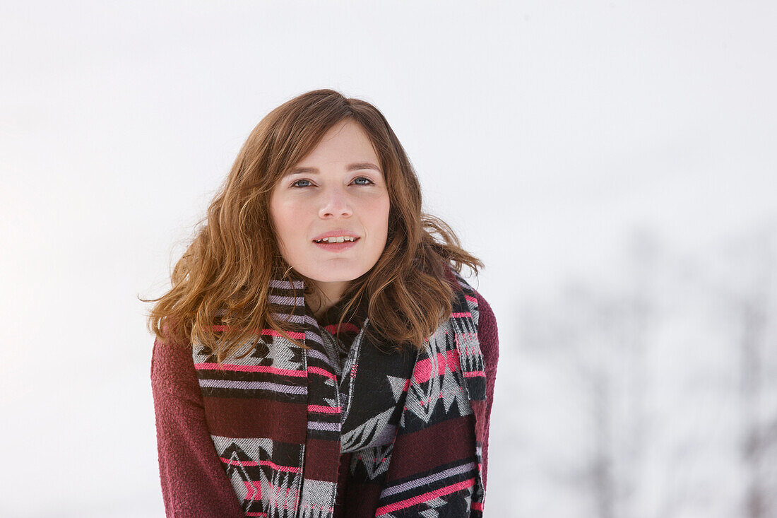 Young woman wearing a scarf, Spitzingsee, Upper Bavaria, Germany