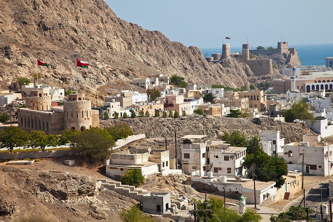 Views of the ancient Muscat and Portuguese Fort. Muscat. Oman. Persian Gulf. Arabia, Middle East.