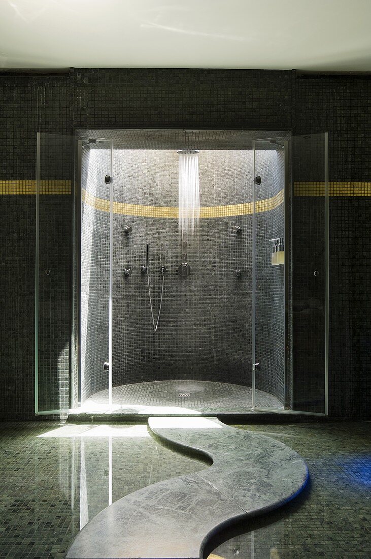 A spa room - a curving pathway on a mosaic tiled floor leading to a shower