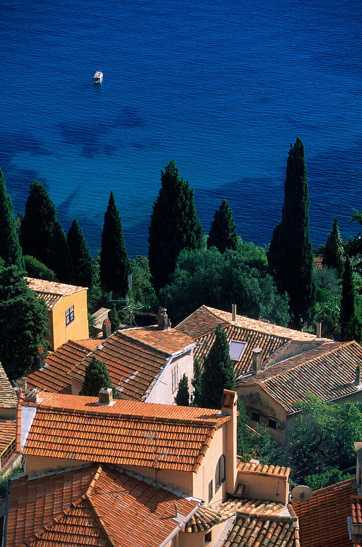 Roquebrune, France, Côte dAzur, Alpes_Maritimes, sea, Mediterranean Sea, village, houses, homes, trees, cypresses