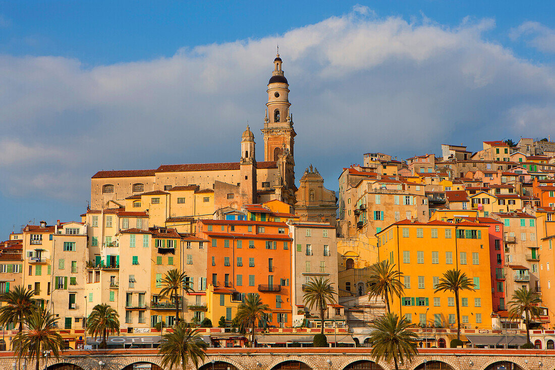 Menton, France, Europe, Côte dAzur, Provence, Alpes_Maritimes, town, city, Old Town, houses, homes, church, palms, morning light