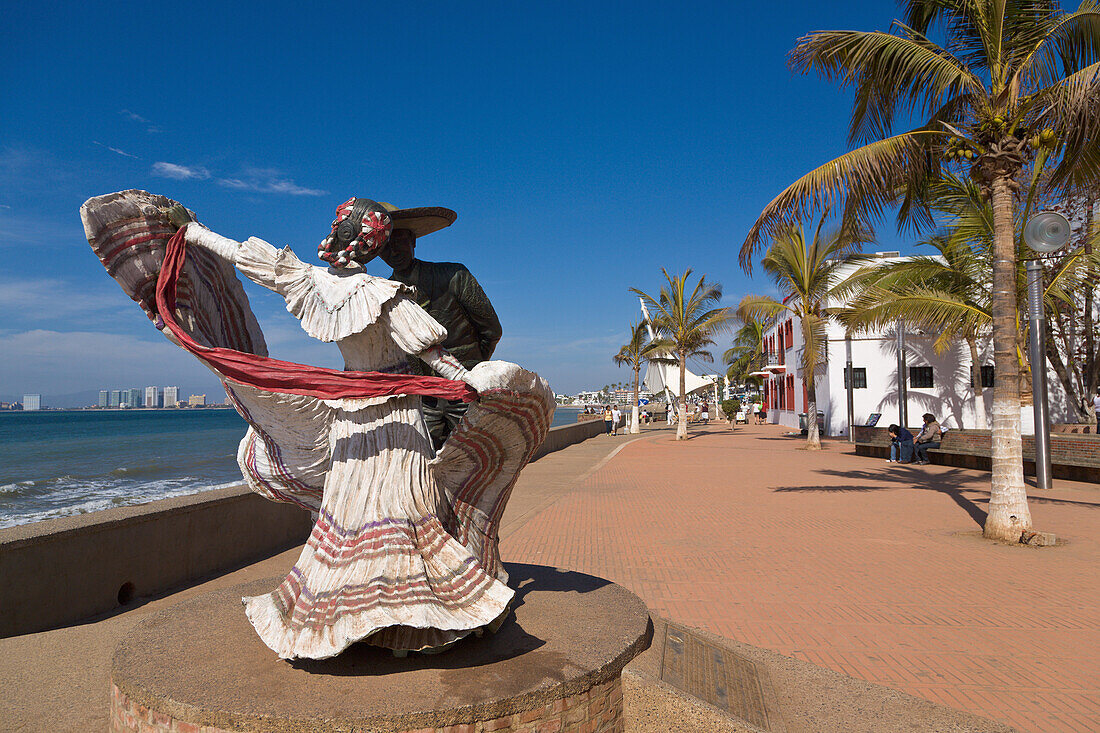 Puerto Vallarta, Mexico, malecon, statue, Mexican, dancers, promenade, town, resort, sea, waterfront, Jalisco, people, horizontal
