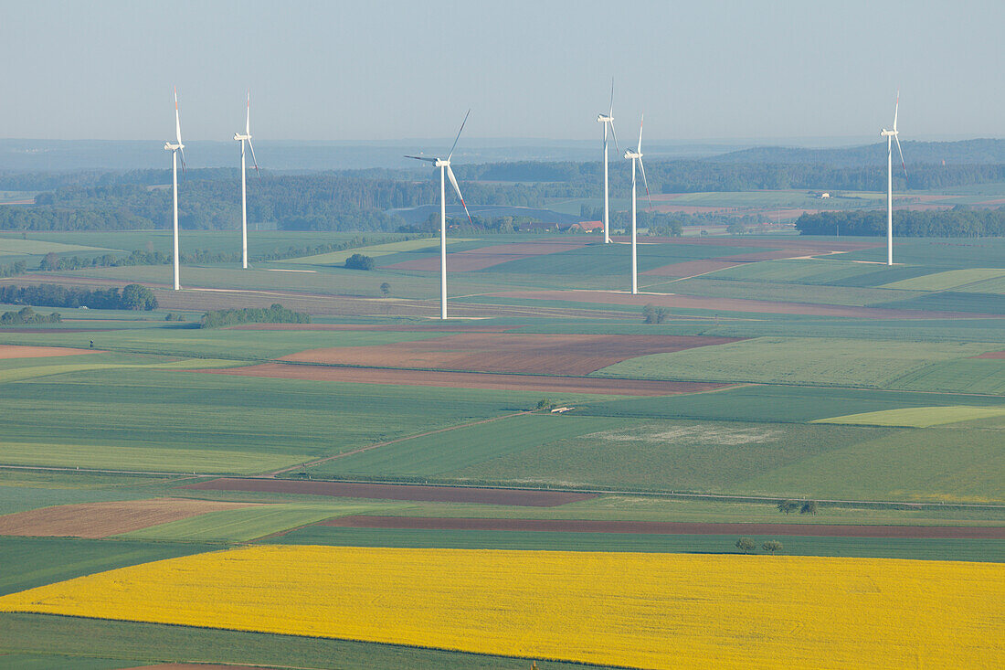 Wind turbines and rapeseed field, bio-energy, renewable energy, near Gunzenhausen, Mittelfranken, Lower Franconia, Franconia, Bavaria, Germany, Europe