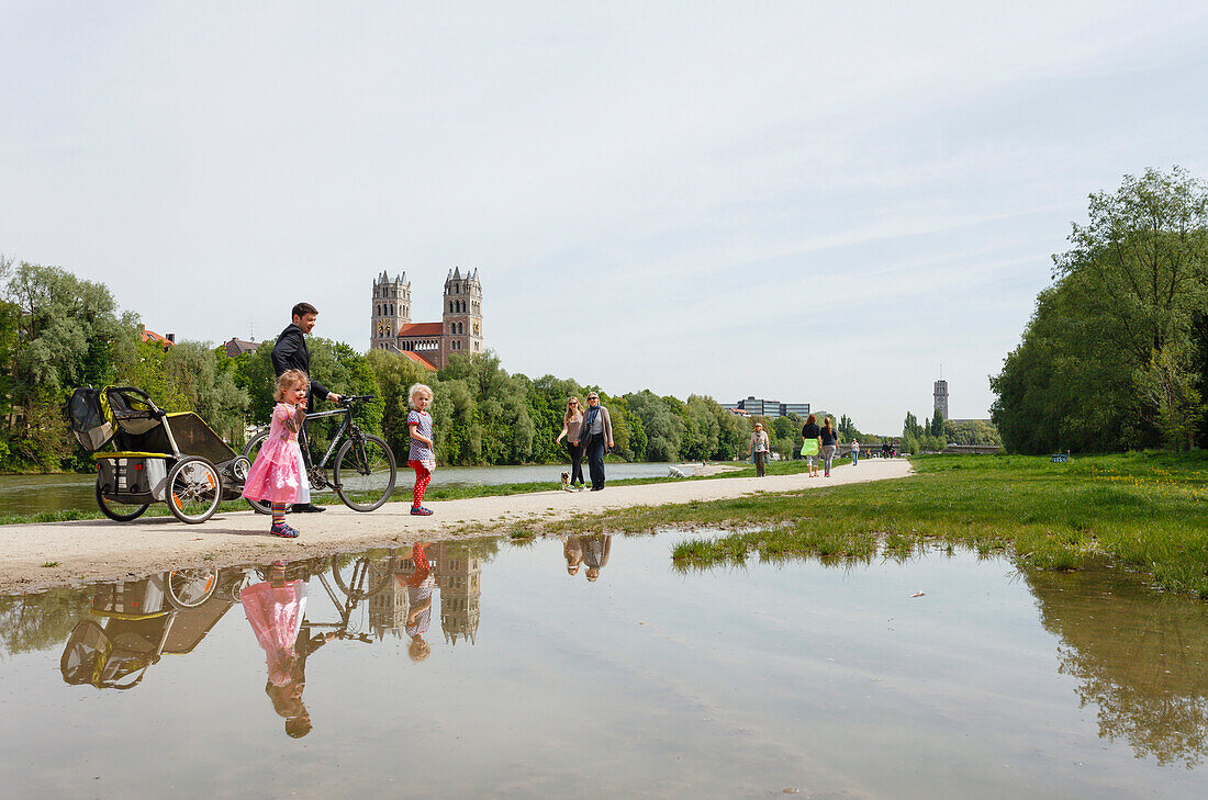 People walking along the Isar river, St. Maximilian church, Munich, Upper Bavaria, Bavaria, Germany, Europe