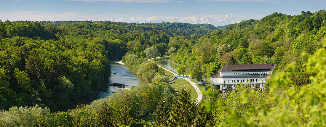 view over the valley of the river Isar to the Bavarian Alps and Zugspitze, Isar canal, water power station, Pullach im Isartal, south of Munich, Upper Bavaria, Bavaria, Germany, Europe