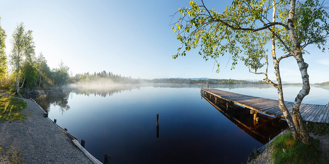 wooden pier, bathing pier at lake Kirchsee near Sachsenkamm in Spring at sunrise, moorland lake, Ellbach and Kirchseemoor nature reserve, Landkreis Bad Toelz- Wolfratshausen, Upper Bavaria, Bavaria, Germany, Europe