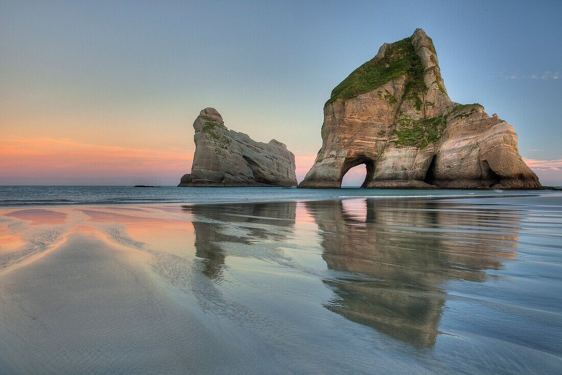 Archway Islands, sunrise, Wharariki beach, near Collingwood, Golden Bay, New Zealand