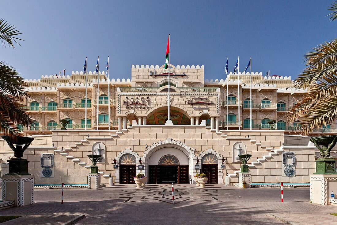 Exterior front entrance to the Grand Hyatt Hotel in Muscat, Oman
