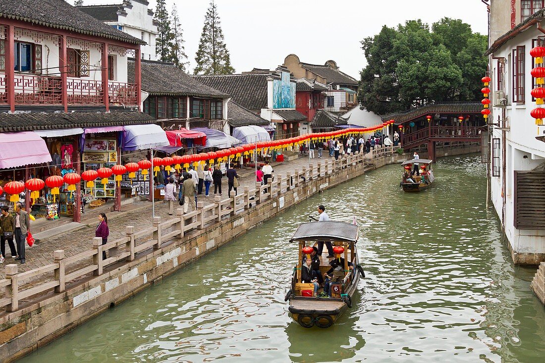 Boats in the canals of Zhujiajiao village near Shanghai, China, Asia