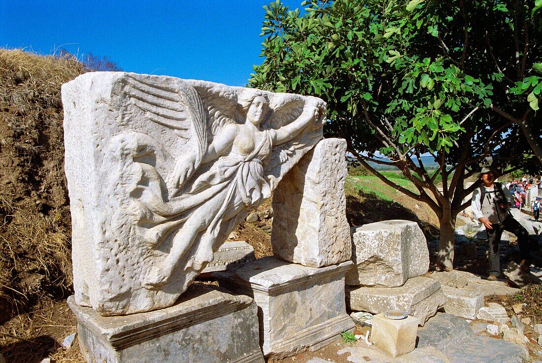 Turkey, Kusadasi, Ephesus, a Stone Carving of the Goddess Nike at Ephesus