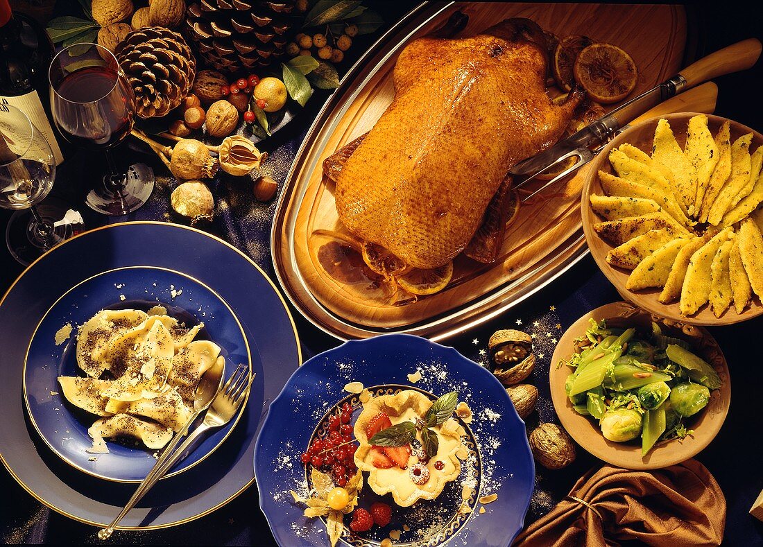 Ravioli; duck a l'orange; Marsala tart (Italy)