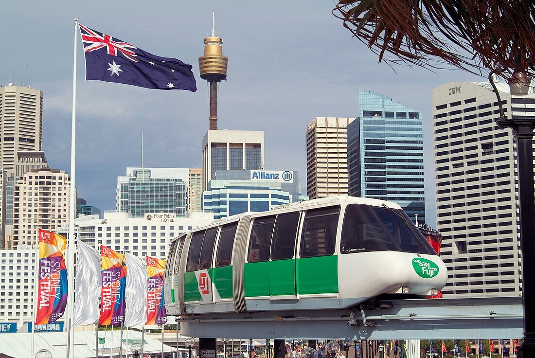 The Sydney monorail transport system crossing Pyrmont Bridge into Darling Harbour