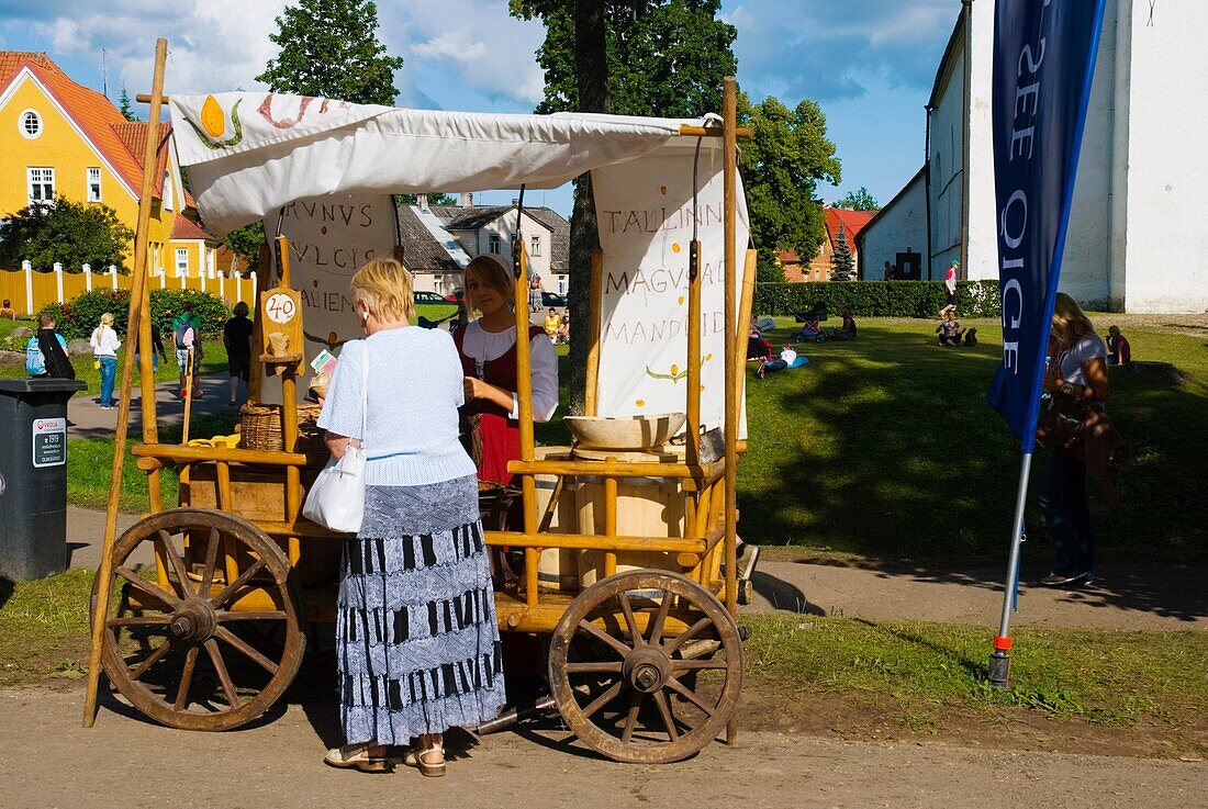 Medieval almond stall during folk music festival in Viljandi Estonia Europe