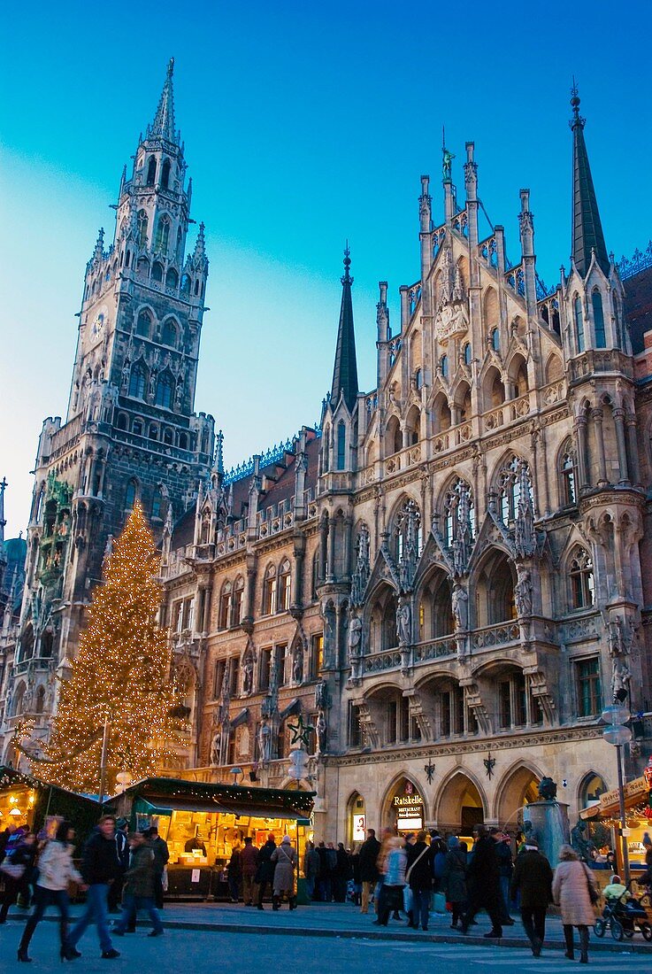 Marienplatz square with Christmas tree Munich Bavaria Germany Europe