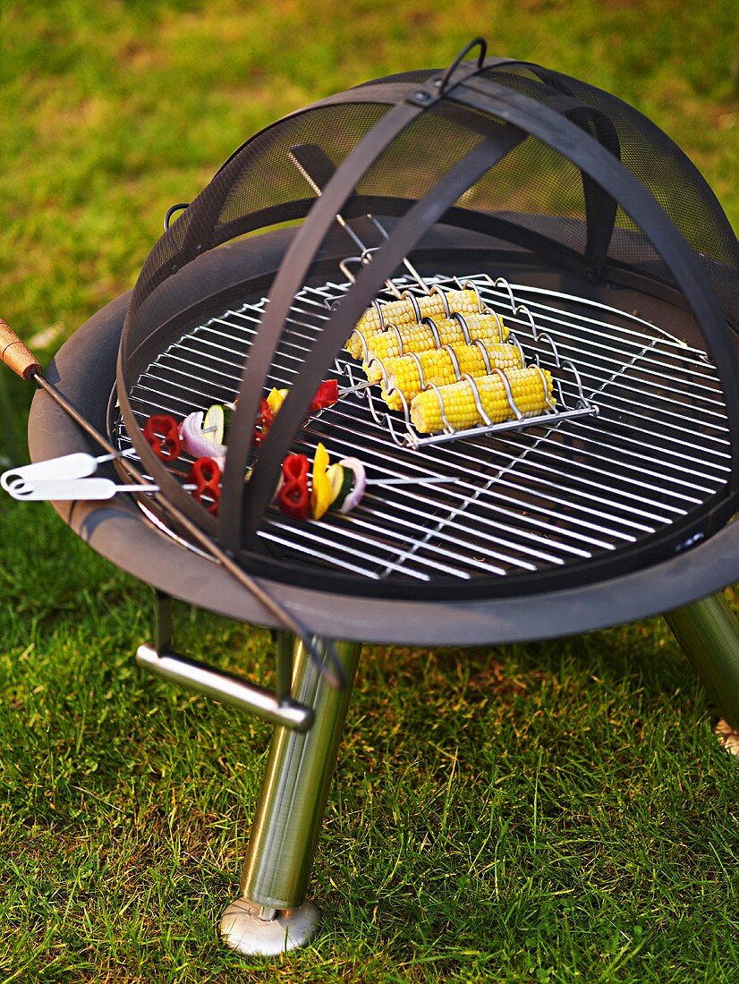 Grill mit Spiessen im Garten