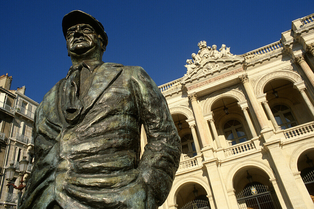 France. Toulon. Statue of the french actor Jules Muraire (1883 - 1946) aka Raimu, stands outside the Theatre Municipal on Place Victor Hugo.