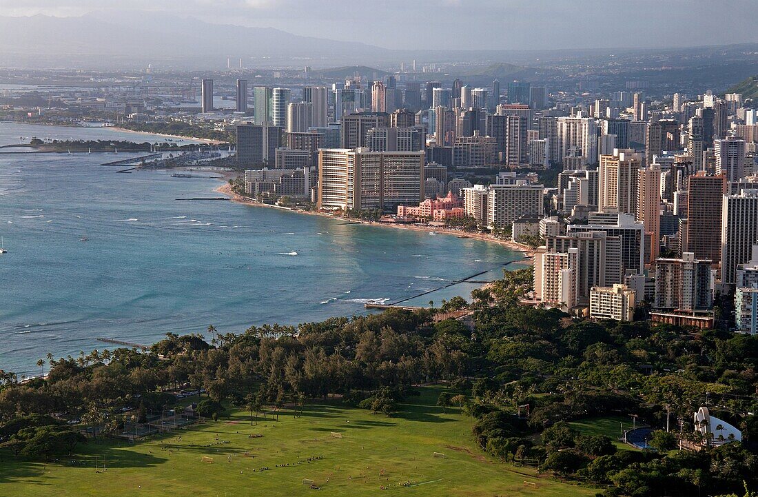 Hawaii, downtown Waikiki near the city of Honolulu on the island of Oahu from Diamond Head in Hawaii