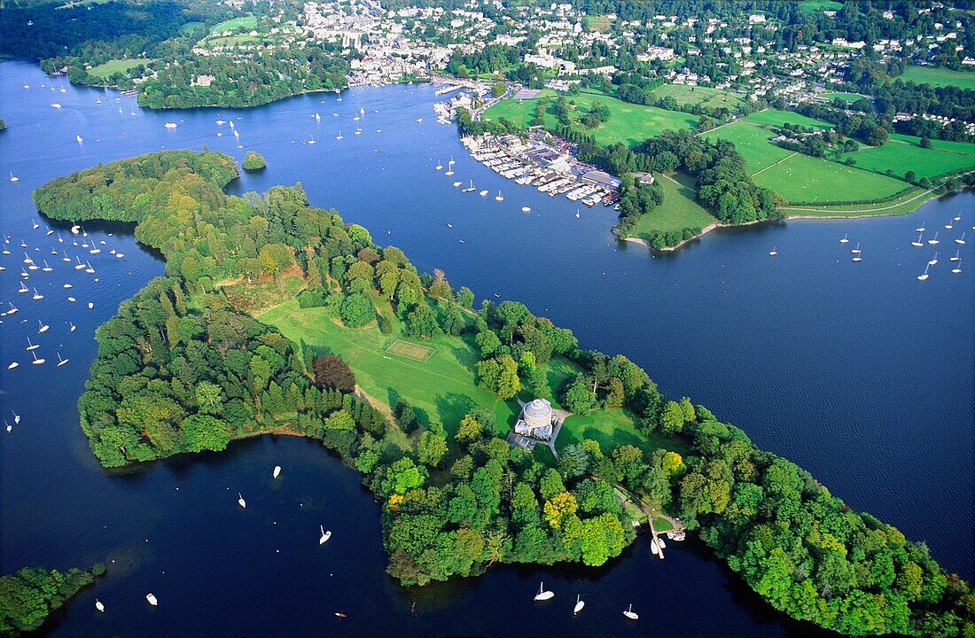 Lake Windermere in the Lake District National Park, Cumbria, northwest England  Aerial  Belle Isle and town of Bowness
