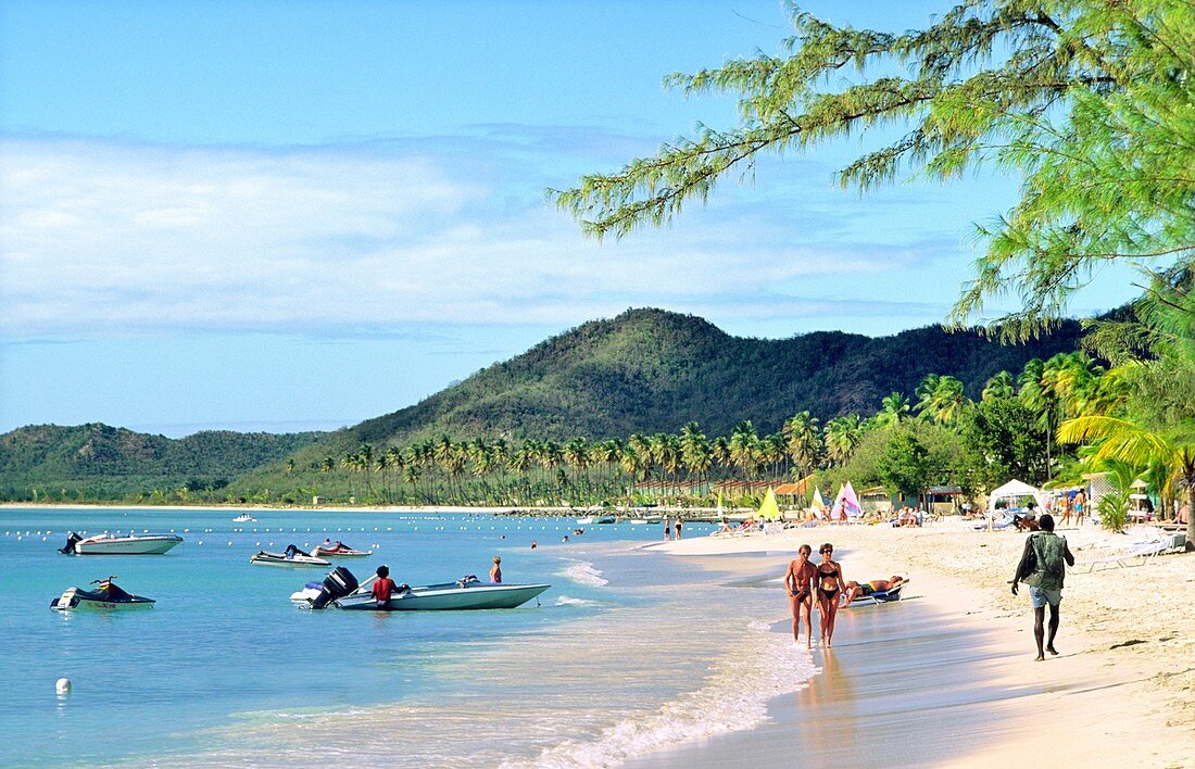 Antigua  North along Valley Church Bay and Lignum Vitae Bay to Jolly Harbour on west coast of Caribbean island of Antigua