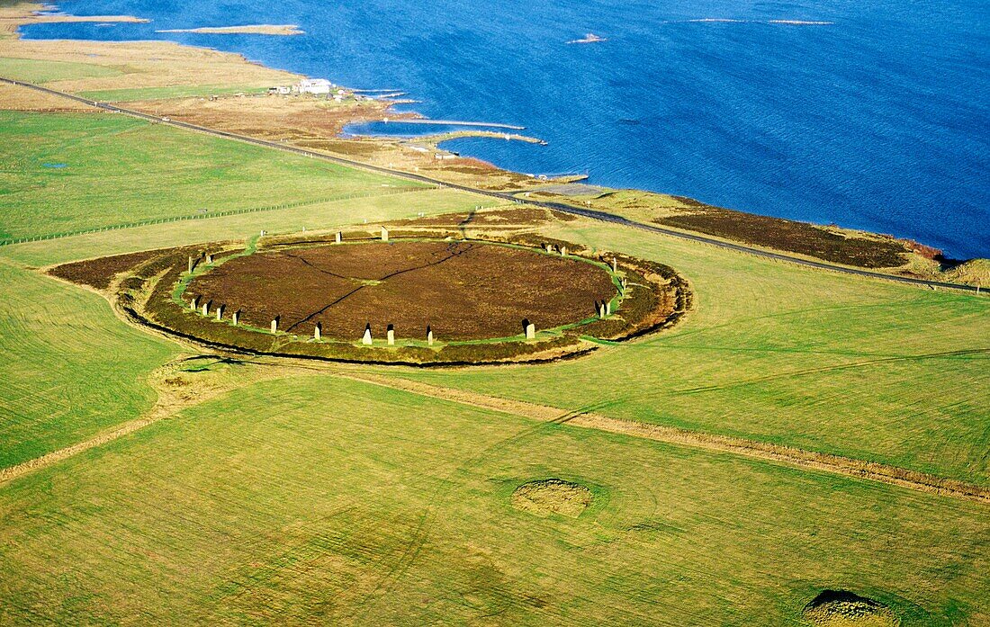 Ring of Brodgar prehistoric stone circle henge monument  Orkney Islands, Scotland  Aerial