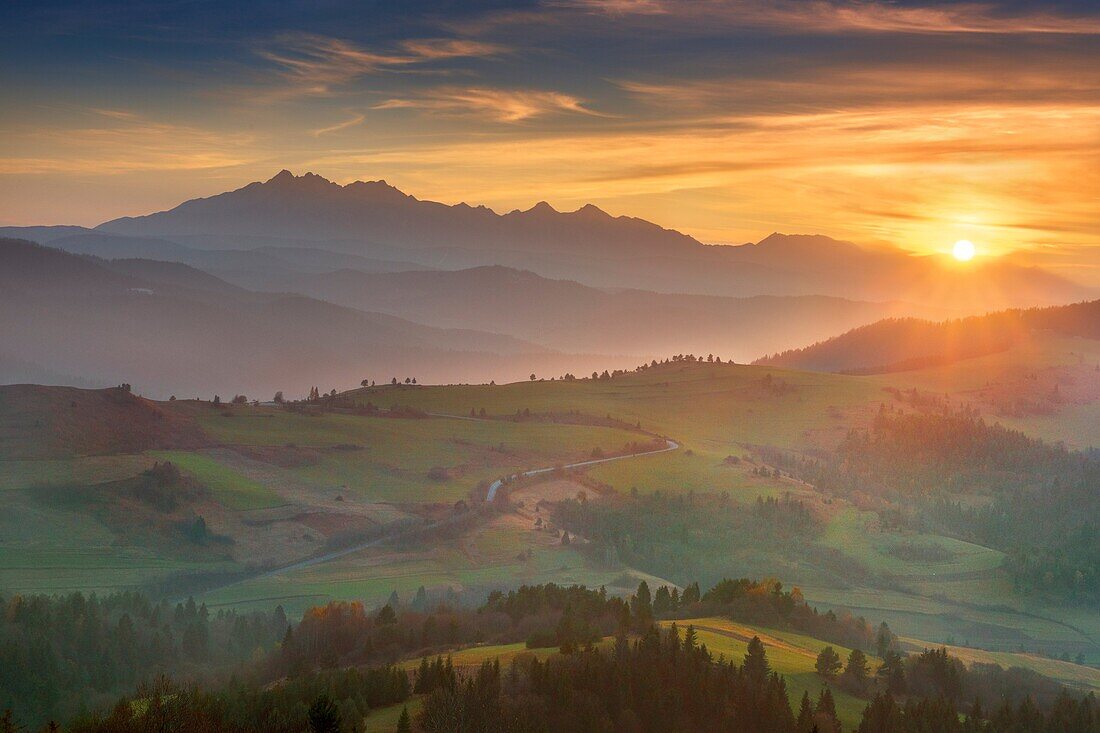 View from Pieniny to Tatra Mountains, sunset, Poland, Europe