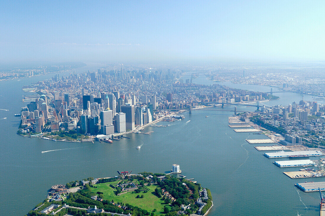 Aerial of Governors island and back South Manhattan and Brooklyn Heights, New York city, North America