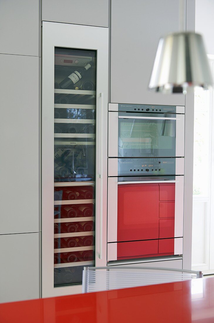 Integral oven and wine cooler in modern kitchen