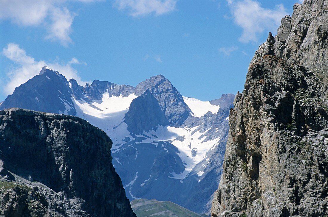 Summits of the Barre des Ecrins and La Meije mountains in the French Alps, France.
