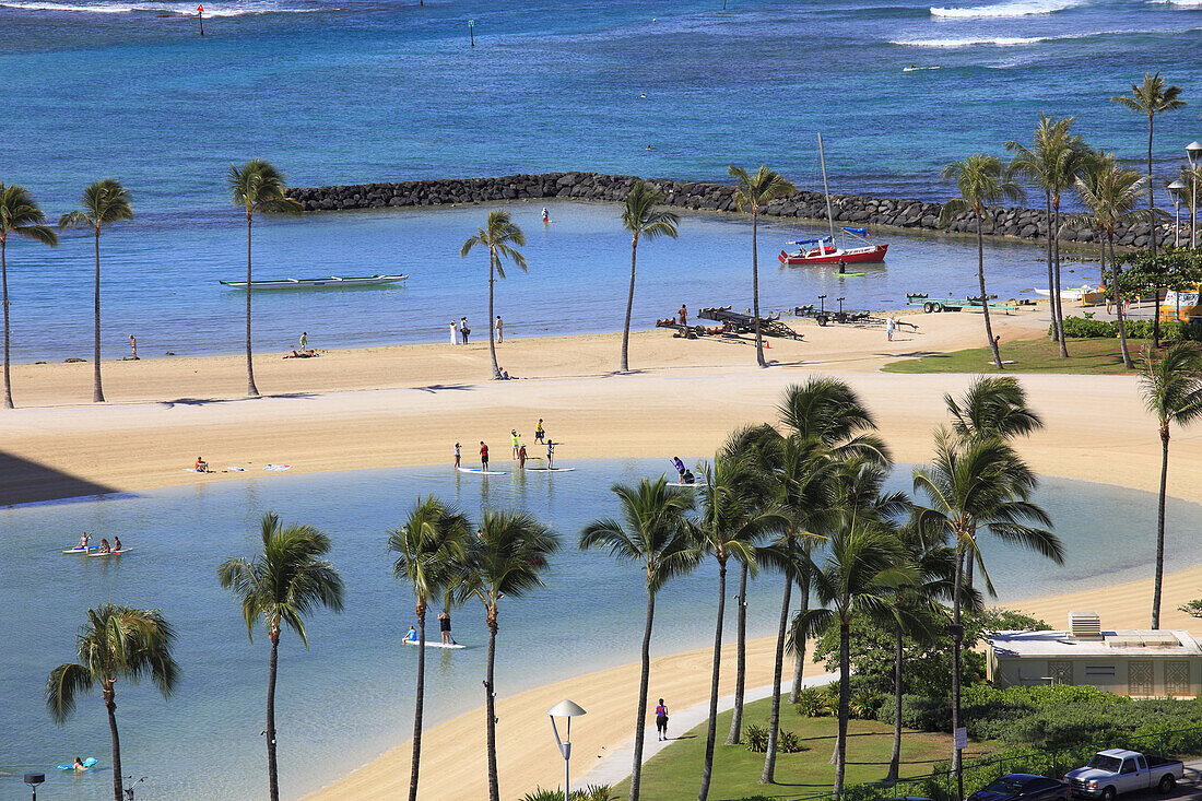 Hawaii, Oahu, Waikiki, Hilton Lagoon, beach, aerial view,.