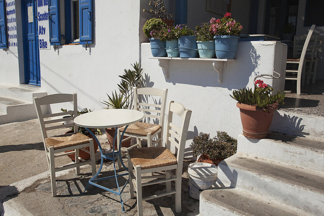 Street scene from the town center Chora, Amorgos, Cyclades Islands, Greek Islands, Greece, Europe.