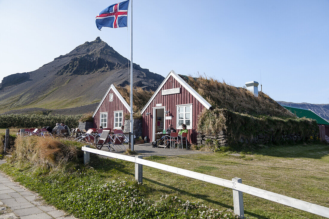 Coffe House and flag, Anarstarpi, Snaefelness Peninsula Iceland