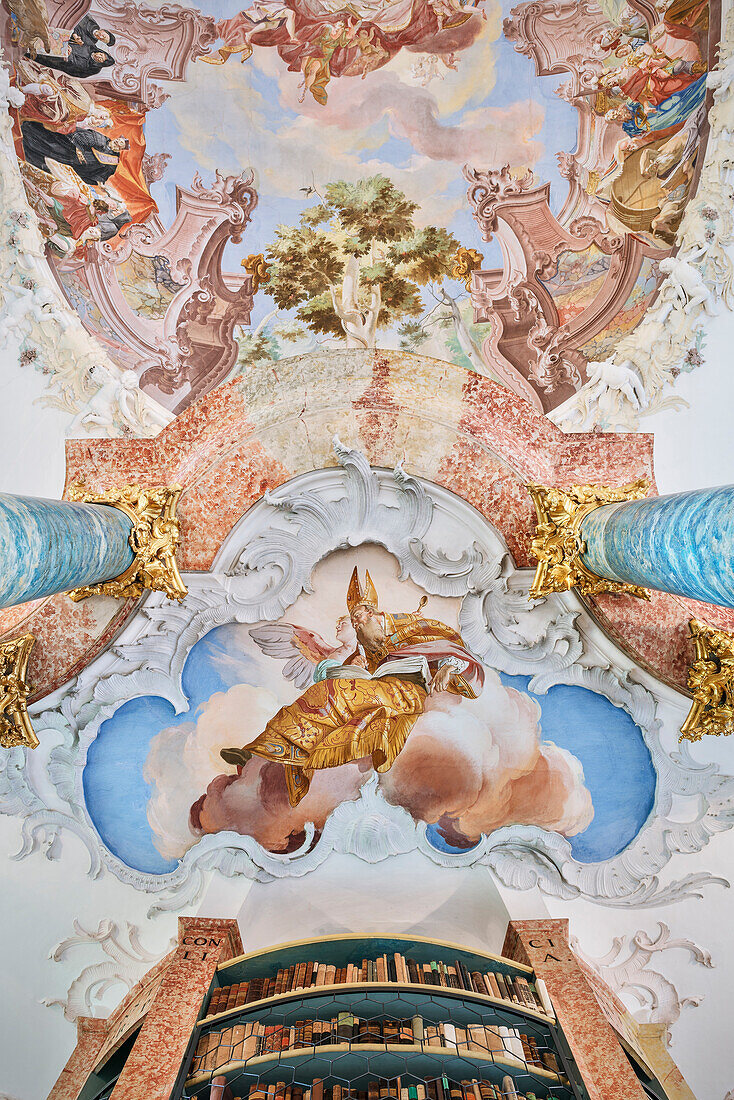 Baroque ceiling fresco in the monastry library, Wiblingen Monastry, Ulm at Danube River, Swabian Alb, Baden-Wuerttemberg, Germany