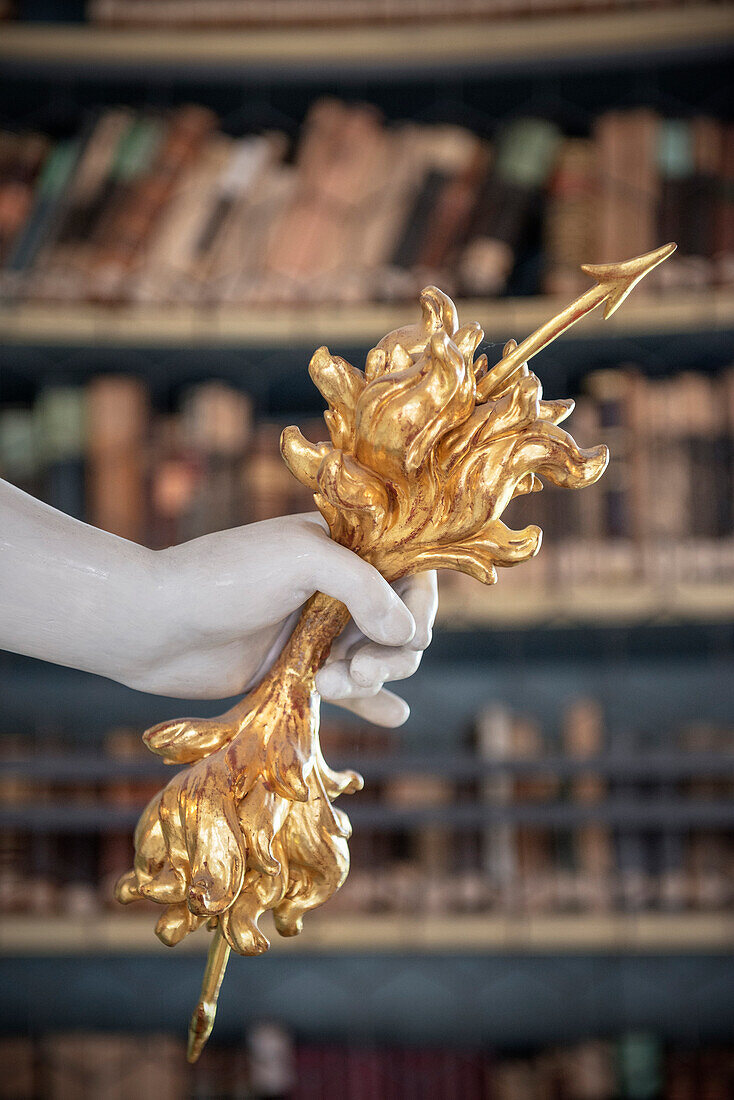 Detail einer Skultur in Kloster Bibliothek, Kloster Wiblingen, Ulm an der Donau, Oberschwäbische Barockstraße, Schwäbische Alb, Baden-Württemberg, Deutschland