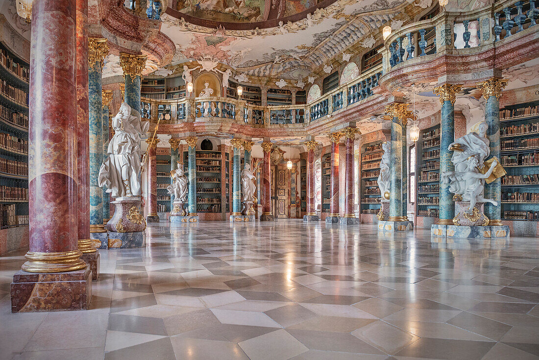 splendid library with columns, sculptures and ceiling frescos, Wiblingen Monastry, Ulm at Danube River, Swabian Alb, Baden-Wuerttemberg, Germany