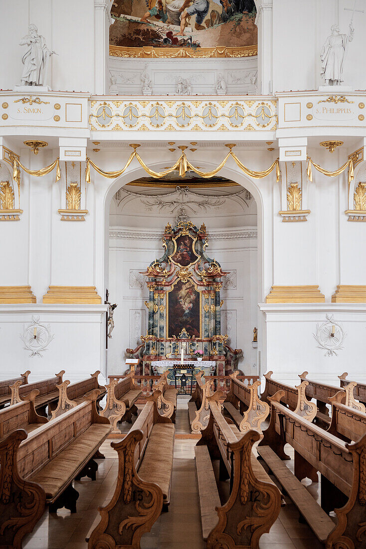 Pews in the monastry church, Wiblingen Monastry, Ulm at Danube River, Swabian Alb, Baden-Wuerttemberg, Germany