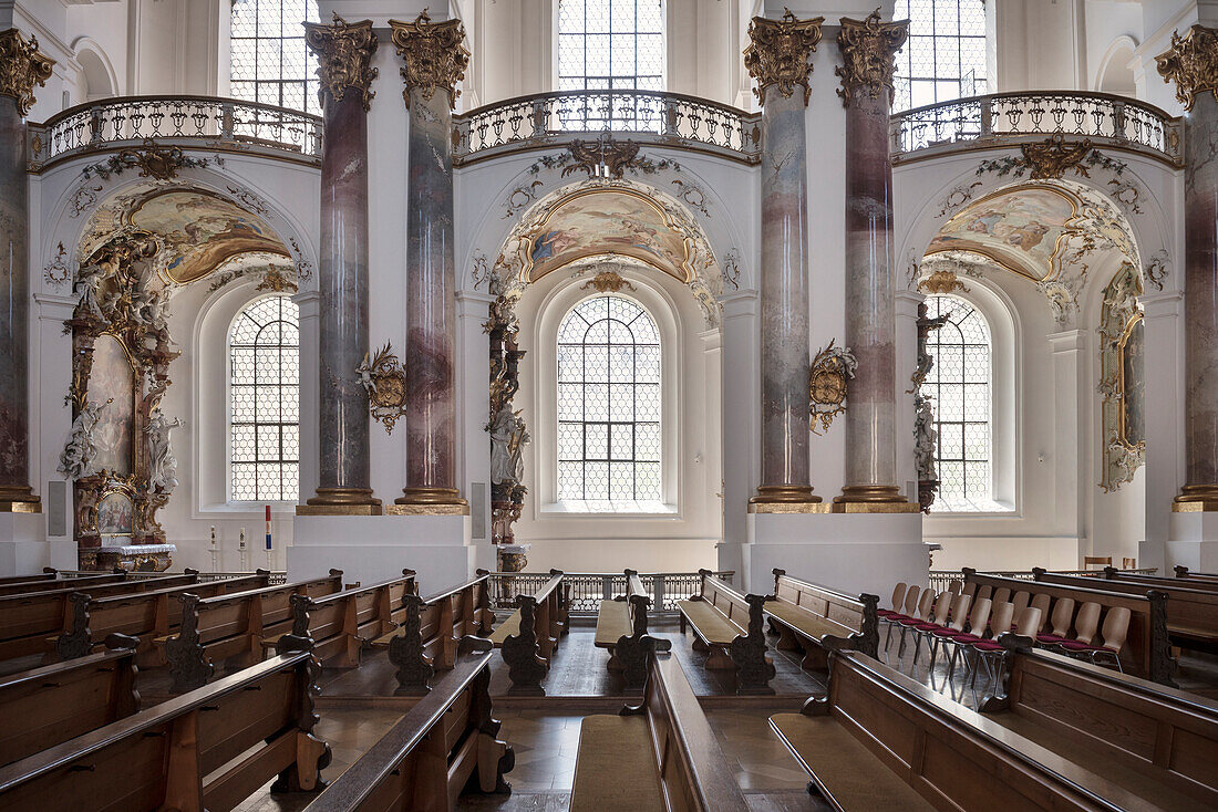 interior of Zwiefalten Monastry with baroque architecture and paintings, Swabian Alb, Baden-Wuerttemberg, Germany