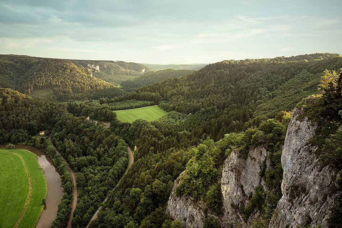 view of the Danube river, rock and forest landscape in the Upper Danube Nature Park, Sigmaringen, Tuttlingen, Zollernalb, Biberach, Swabian Alb, Baden-Wuerttemberg, Germany