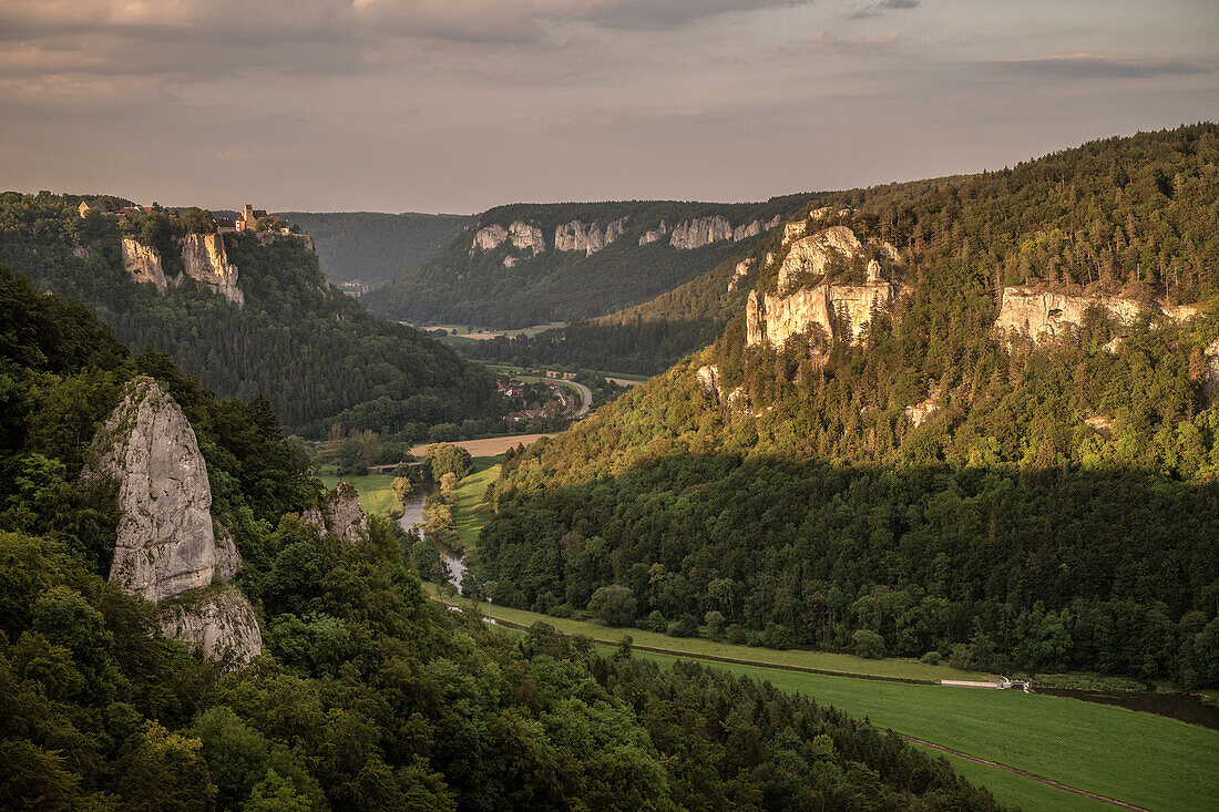 view into Danube Valley towards castle Werenwag, Upper Danube Nature Park, Sigmaringen, Tuttlingen, Zollernalb, Biberach, Swabian Alb, Baden-Wuerttemberg, Germany