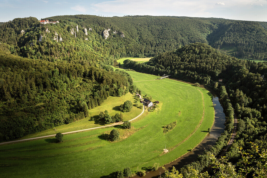 Blick über Donau zur Burg Wildenstein, Naturpark Oberes Donautal, Landkreis Sigmaringen, Tuttlingen, Zollernalb, Biberach, Schwäbische Alb, Baden-Württemberg, Deutschland