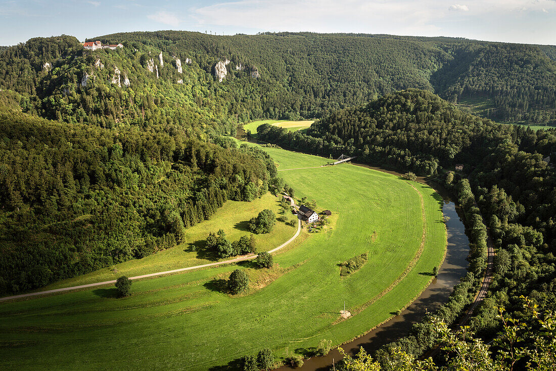 view across the Danube river towards castle Wildenstein, Upper Danube Nature Park, Sigmaringen, Tuttlingen, Zollernalb, Biberach, Swabian Alb, Baden-Wuerttemberg, Germany