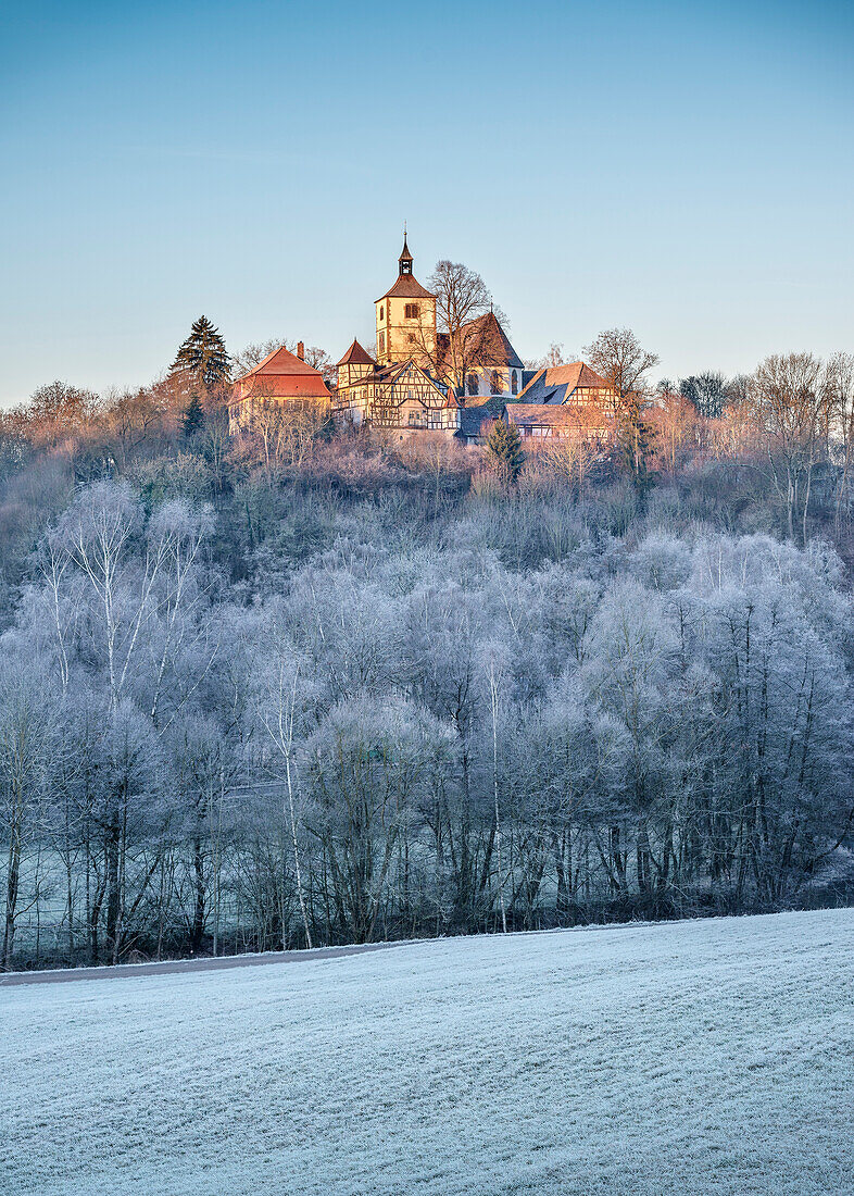 winter frost and view towards Vellberg, Schwaebisch Hall, Baden-Wuerttemberg, Germany