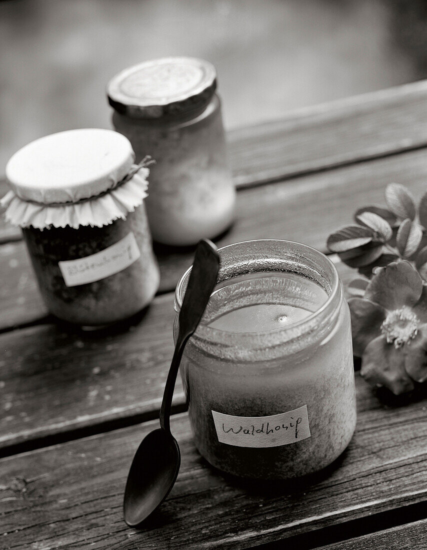 Three jars of honey on a table, forest honey, Food, Nutrition