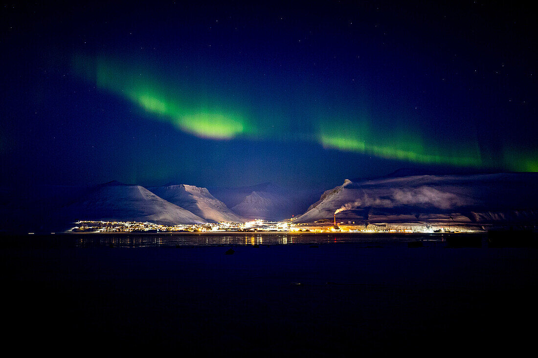 Aurora borealis over Longyearbyen, Spitzbergen, Svalbard, Norway