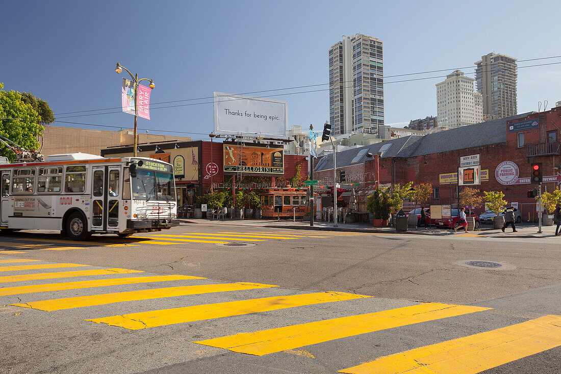 gelber Zebrastreifen, Columbus Avenue, Filbert Street, San Francisco, Kalifornien, USA