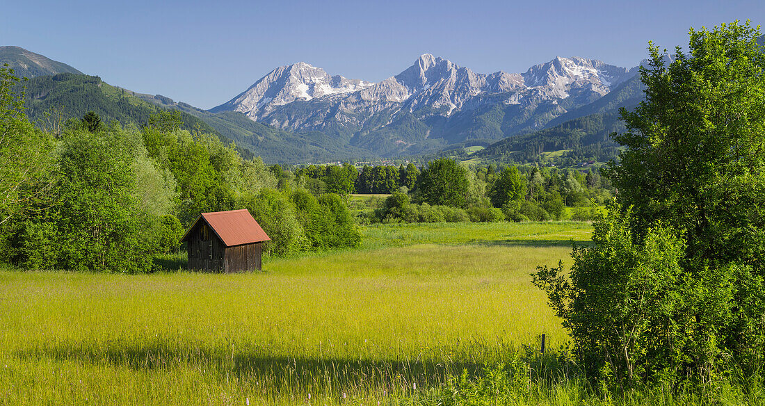 Meadow, hut, Haller Mauer, Ennstal, Styria, Austria